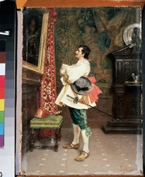 "Before a Portrait" (Antes de un retrato) Un hombre, vestido con el uniforme de un mosquetero del siglo XVII, admirando una pintura (su propio retrato) Pintura de Tito Conti (1842-1924) Museo de Arte Mikhail Kroshitsky, Sebastopol (Sebastopol) Ucrania