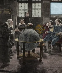 John Milton (1608-1674) visita a Galileo Galilei (Galileo), en su prisión de la Inquisición en Arcetri, cerca de Florencia, en 1640. Grabado del siglo XIX a partir de una pintura de T. Lessi.