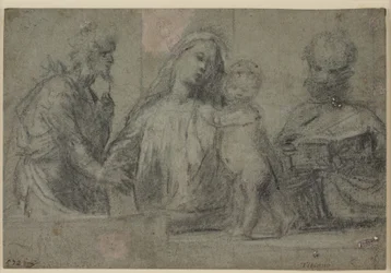 Figuras de medio cuerpo de una Madonna y el Niño flanqueados por San Juan Bautista y San Pedro
