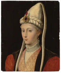 Retrato de una mujer, posiblemente Haseki Hürrem Sultan, llamada Roxelana, busto, en traje otomano, con un tocado con joyas