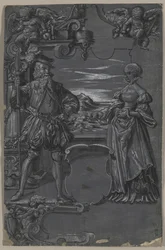 Diseño para Pintura en Vidrio: Hombre y Mujer en Entorno Arquitectónico, segunda mitad de 1500s