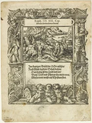 Moisés y la zarza ardiente (recto) y El infante Moisés puesto en el río (verso) de Neue künstlerische Figuren biblischer Historien, placa 55 de xilografías de libros del siglo XVI