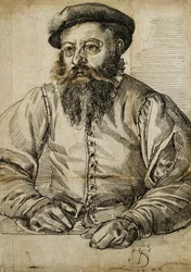 Retrato de un Hombre con Barba, Medio Cuerpo, Sentado en una Mesa