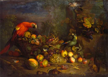 Loros y fruta con otras aves y una ardilla