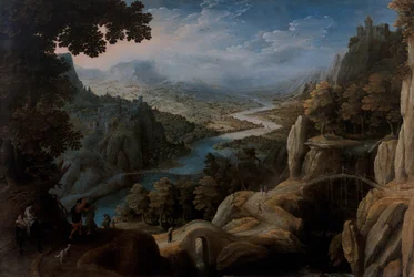 Un extenso paisaje fluvial montañoso con la reconciliación de Jacob y Labán, más allá una ciudad fortificada en lo alto de un acantilado