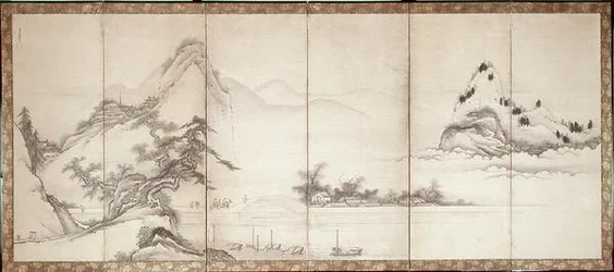 Viajeros en un puente junto a un lago, c.1700 (tinta y color sobre papel)