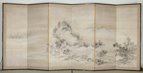 Paisaje, principios del siglo XVII (Pareja de biombos de seis paneles; tinta y oro sobre papel)
papel)