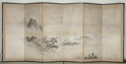 Paisaje, principios del siglo XVII (Pareja de biombos de seis paneles; tinta y oro sobre papel)
papel)