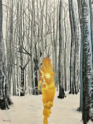 Mujer dorada en bosque invernal