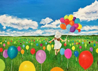 Campo con niña alegre y globo