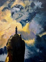 Mujer, cielo dorado, cumbre