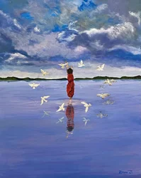 Mujer y pájaros volando