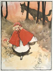 Caperucita Roja de camino a casa de su abuela observada por un lobo siniestro y lascivo. Ilustración de Tom Browne (1872-1910) para el cuento. Publicado en 1900