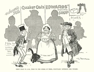 Fue primero a uno, luego al otro de ellos, ofreciendo hospitalariamente su sopera