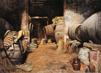 Interior de una celda. Granero con barriles de heno y silla de montar. Pintura de Tomás Moragas y Torras (1837-1906)