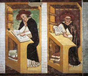 Monjes dominicos, detalle del Ciclo de Cuarenta Miembros Ilustres de la Orden Dominicana, por Tommaso da Modena, fresco, detalle, convento dominicano, Treviso, Italia