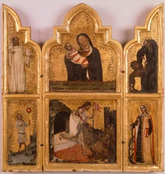 Políptico de madera y oro con Virgen y Niño, la resurrección de Cristo y Santos