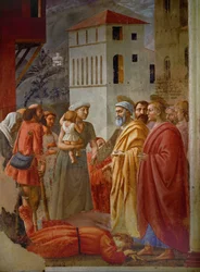 Ananías, miembro de una comuna cristiana, se ha quedado con parte de su dinero, y en retribución cae muerto a los pies de San Pedro (fresco)