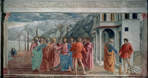 El pago del tributo (The Tribute Money). Jesús y los apóstoles llegan a Capernaum (o Kefar Nahum, ciudad de Galilea, hoy en Israel) donde deben pagar un impuesto para entrar. A la izquierda, Jesús explica a Pedro que debe pescar un pez en el