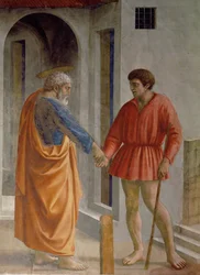 San Pedro entrega el tributo al recaudador de impuestos, después de haber encontrado la moneda en la boca de un pez, como predijo Jesús (fresco)
