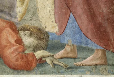 San Pedro distribuyendo los bienes comunes de la iglesia y la muerte de Ananías, detalle de Ananías muerto a los pies de San Pedro (detalle)