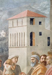 San Pedro distribuyendo los bienes comunes de la iglesia y la muerte de Ananías, detalle de la arquitectura de fondo (detalle)