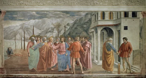 El tributo, fresco de Tommaso di ser Giovanni di Mone Cassai, llamado Masaccio (1401-1428), 254,5 x 598,3 cm
