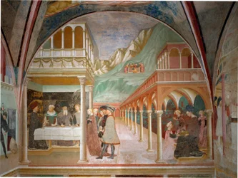 Ciclo de la vida de San Juan Bautista: el banquete de Herodes. Fresco de Masolino da Panicale (Tommaso di Cristoforo Fini) (1383-1440 aprox.) 1435. Baptisterio de Castiglione Olona, Varese