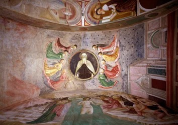 Ciclo de vida de San Juan Bautista: Dios Padre rodea a los ángeles, el bautismo de Cristo y San Jerónimo en su estudio