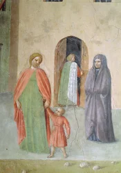 San Pedro curando a un lisiado y la resurrección de Tabita, detalle de figuras distantes: monja y madre con hijo (detalle)