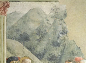 San Pedro predicando en Jerusalén: Paisaje montañoso, c.1427