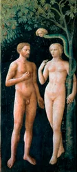 La tentación de Adán y Eva. Fresco de Tommaso di Cristofano Fini conocido como Masolino da Panicale (1383-1440) 1424-1425 Dim. 208x88 cm Florencia, Chiesa di Santa Maria del Carmine, Cappella Brancacci
