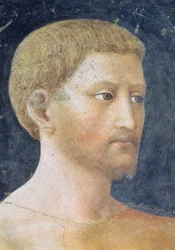 La tentación de Adán y Eva, detalle de la cabeza de Adán (detalle)