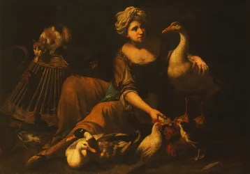 Una joven alimentando a jóvenes gallos, con un gato sobre una cesta, un ganso, un pato y otras aves