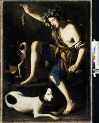 Pastor joven jugando con un gato (Pastor joven jugando con un gato). Pintura de Tommaso Salini (hacia 1575-1625). Óleo sobre madera