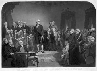 Washington dando su discurso inaugural en abril de 1789, pub. c.1850