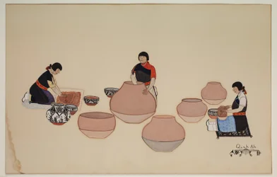 Mujeres trabajando la arcilla, dando forma a recipientes, principios del siglo XX, principios del siglo XX (caseína sobre papel)