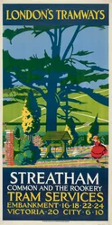 Streatham Common y The Rookery, cartel de tranvías del Consejo del Condado de Londres LCC, 1927
