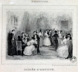 Una noche de artista: baile y juegos de cartas durante una velada burguesa. Dibujo de Antoine Johannot, conocido como Tony Johannot (1803-1852) 1831 París, Biblioteca de l