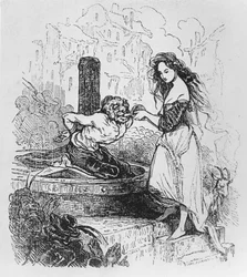 Esmeralda dando de beber a Quasimodo, ilustración de «Nuestra Señora de París» de Victor Hugo
