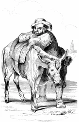 Sancho Panza (Panca), escudero de Don Quijote (Quijote, Quixote), y su burro. Ilustración de la novela de Cervantes publicada en Francia en 1845 por Dubochet & Cie, traducción de Louis Viardot, grabados de Tony Johannot.