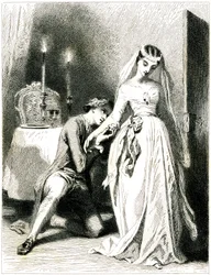 Amante suspirando arrodillado a los pies de su bello compromiso en un interior a la luz de las velas - chica con vestido y peinado románticos - grabado (aguafuerte 1845) de Tony Johannot (Antoine Johannot dit