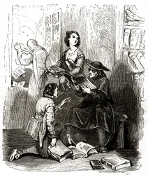 El cura Pero Pérez y el barbero Nicolás inspeccionando los libros de la biblioteca de Don Quijote, c.1850 (ilustración)