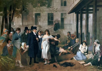 Philippe Pinel (1745-1826) liberando a los lunáticos de sus cadenas en el asilo de la Salpêtrière en París en 1795