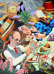 El Sr. y la Sra. Pugh mientras planea el fallecimiento de su esposa, 2005 (acrílico sobre panel)