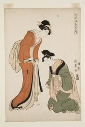 Apéndice de vestidos largos femeninos a la moda (grabado en madera a color)