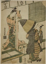 La belleza de Ibarakiya tirando del paraguas de un hombre - una parodia de la leyenda de Watanabe no Tsuna y el demonio de Ibaraki