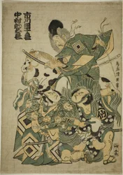 Los actores Ichikawa Ebizo I como Miura Osuke, Ichikawa Danjuro IV como Okazaki Akushiro, y Nakamura Sukegoro I como Kato Arajiro en la obra "Miura no Osuke Bumon no Kotobuki," representada en el Teatro Nakamura en el undécimo mes, 1754