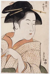 Retrato de busto de Ohisa de Takashimaya sosteniendo una pipa de tabaco