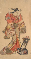 Retrato de Sanjo Kantaro en el papel femenino de Yaoya Oshichi en la obra Fuji no ..., ca. 1730-40